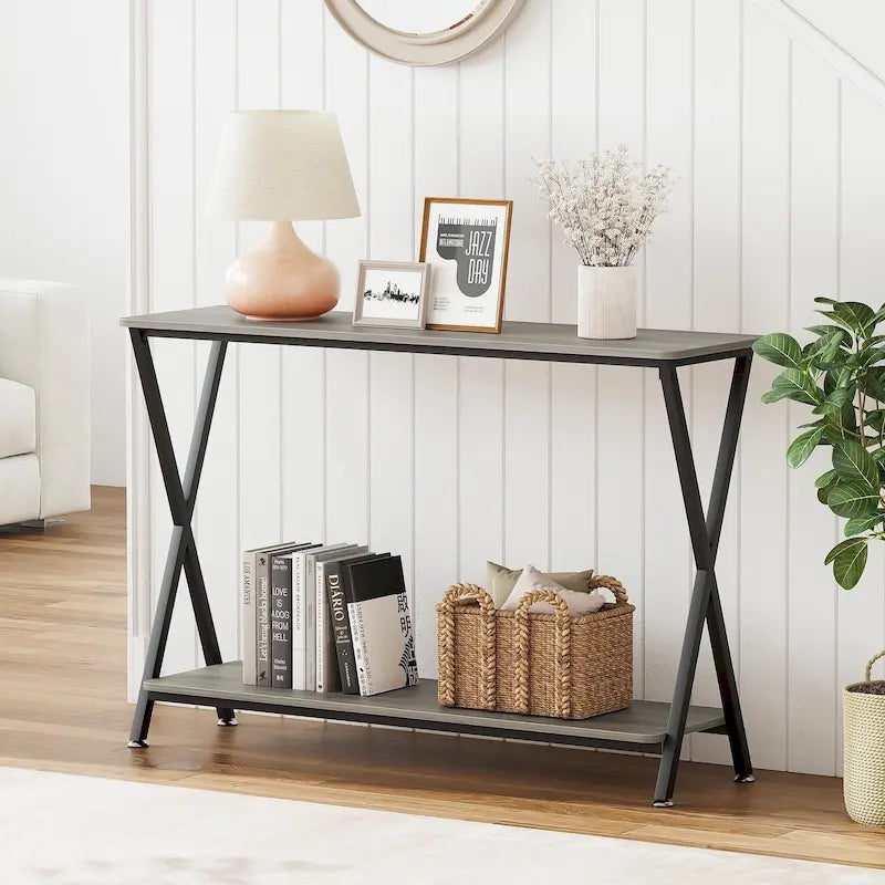Wood-Grain Console Table with Metal Frame