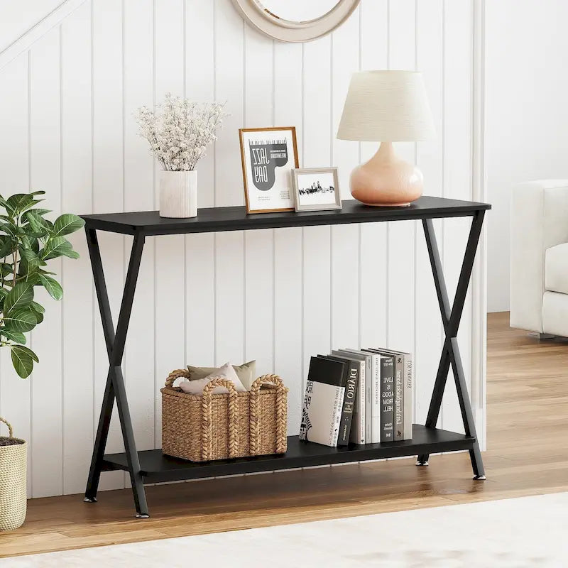 Wood-Grain Console Table with Metal Frame