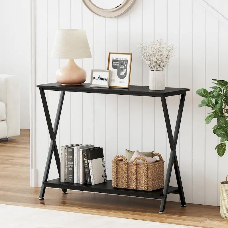 Wood-Grain Console Table with Metal Frame