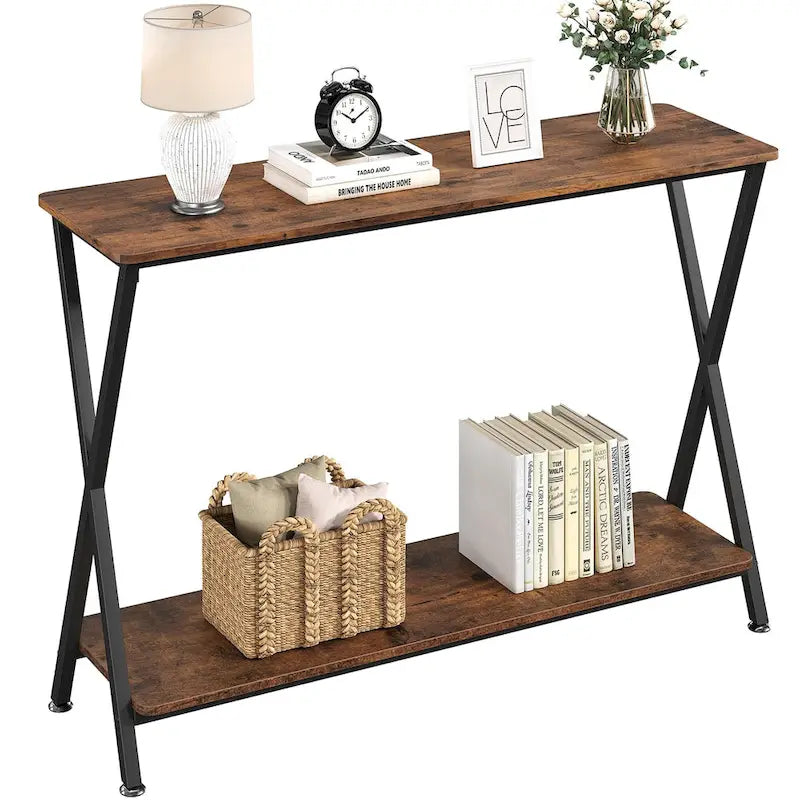 Wood-Grain Console Table with Metal Frame