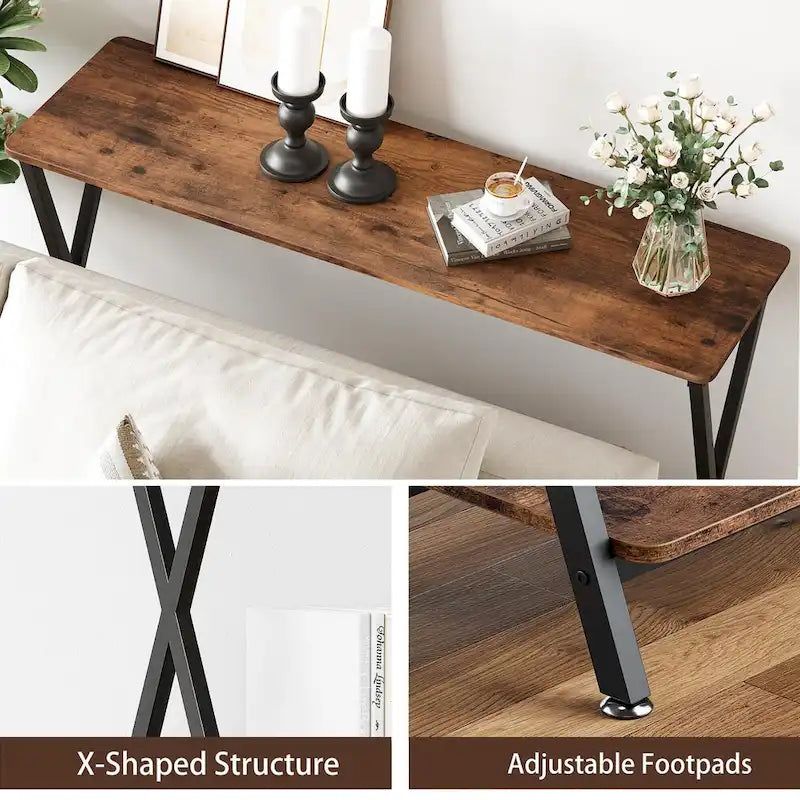 Wood-Grain Console Table with Metal Frame