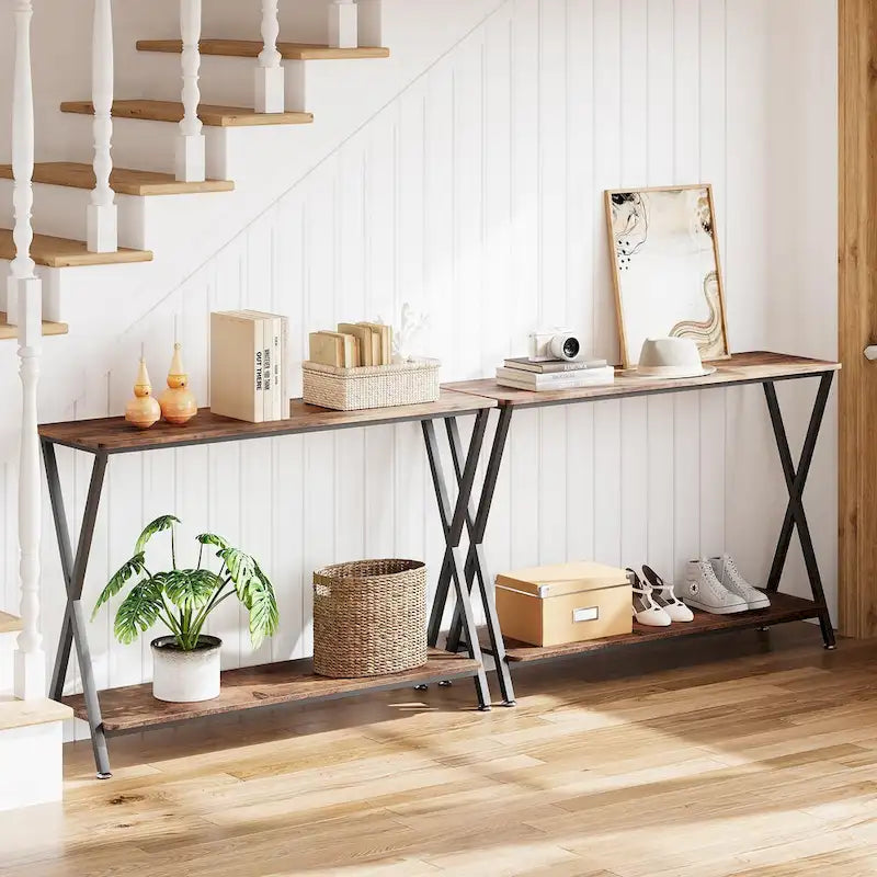Wood-Grain Console Table with Metal Frame