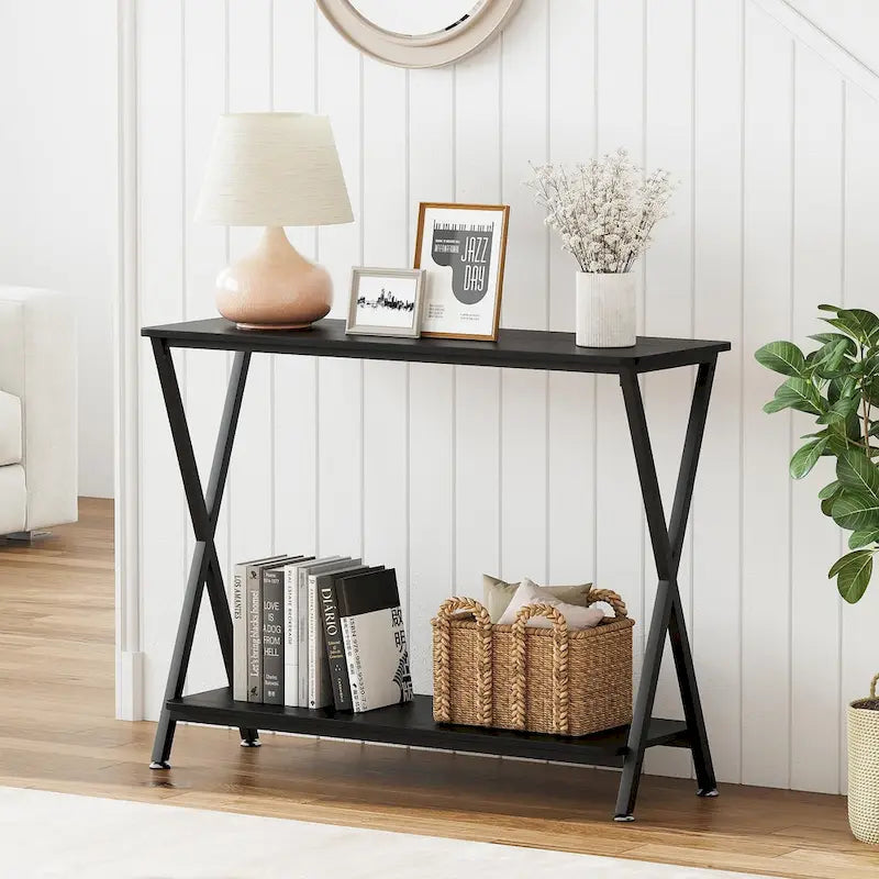 Wood-Grain Console Table with Metal Frame