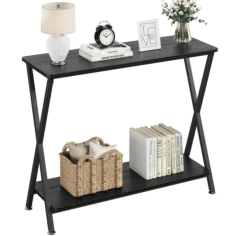 Wood-Grain Console Table with Metal Frame