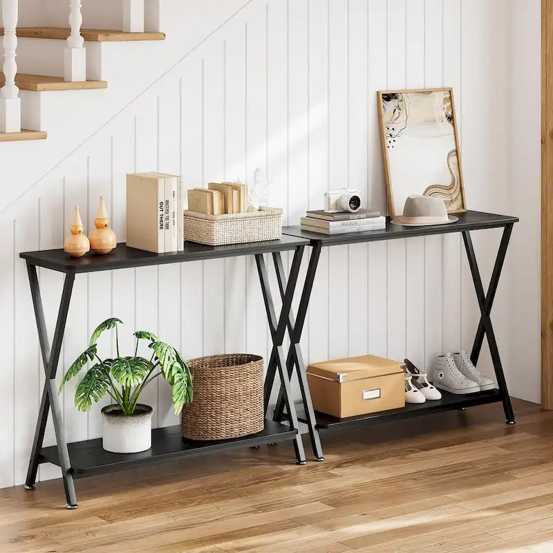 Wood-Grain Console Table with Metal Frame