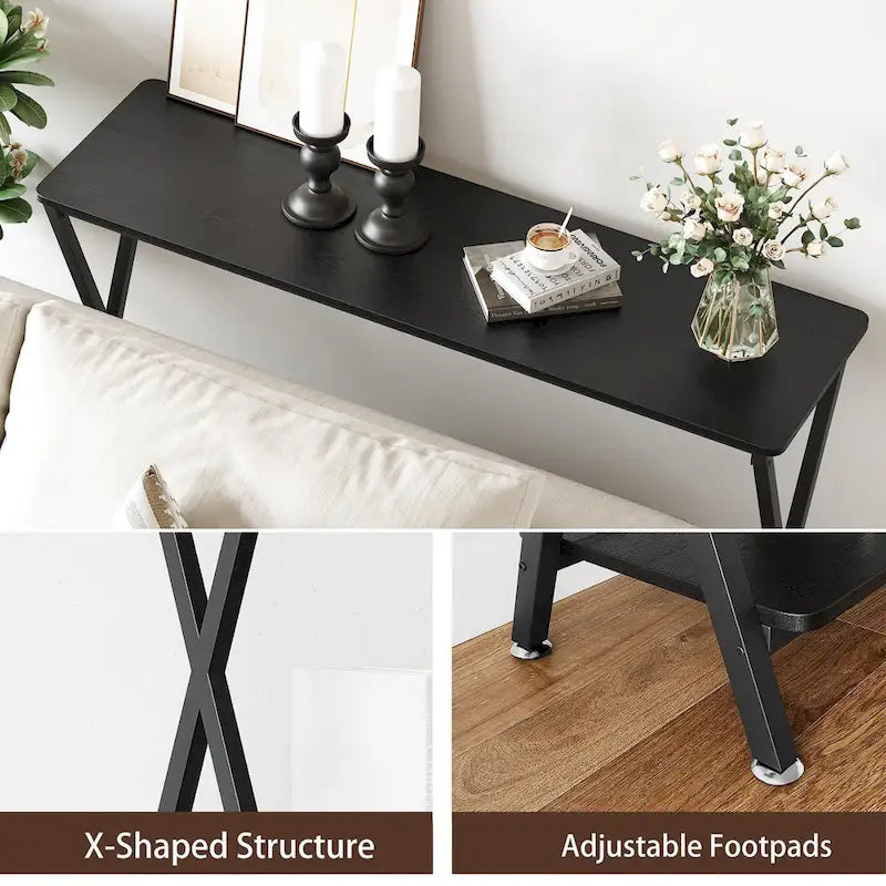 Wood-Grain Console Table with Metal Frame