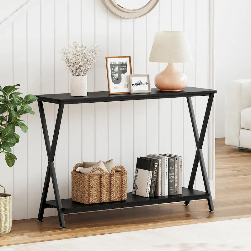 Wood-Grain Console Table with Metal Frame