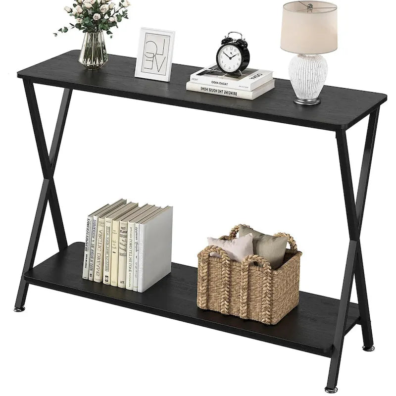 Wood-Grain Console Table with Metal Frame