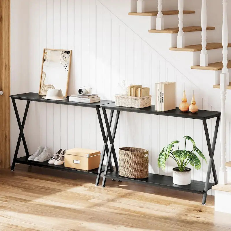Wood-Grain Console Table with Metal Frame