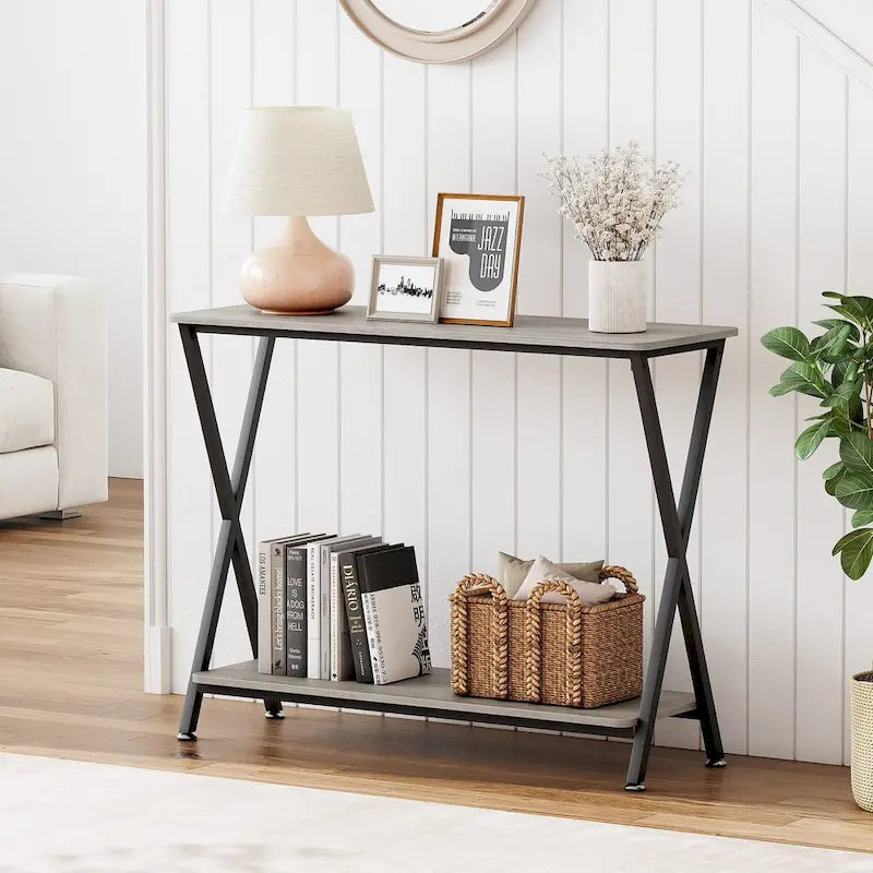 Wood-Grain Console Table with Metal Frame