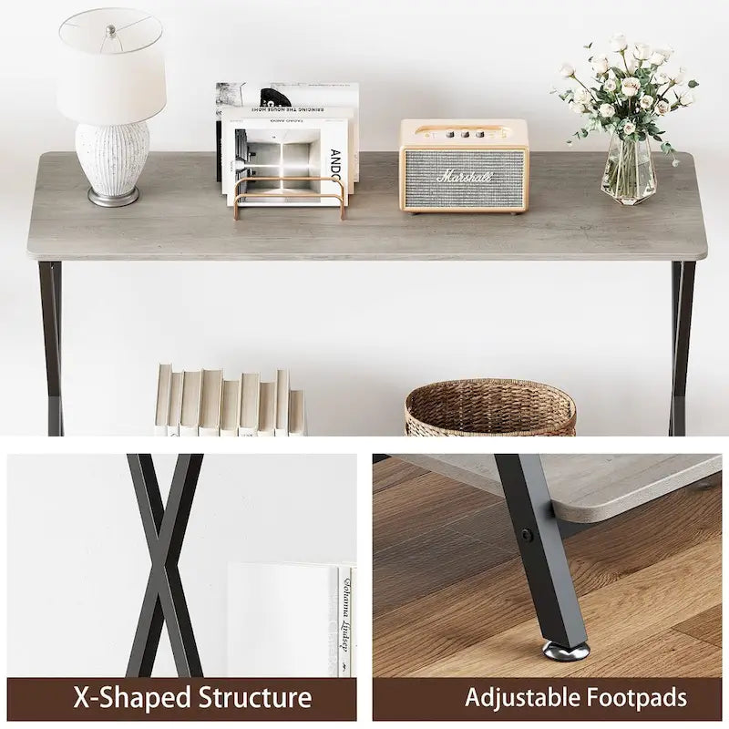 Wood-Grain Console Table with Metal Frame