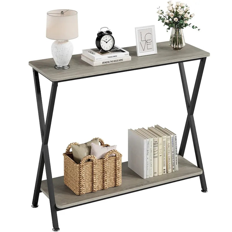 Wood-Grain Console Table with Metal Frame