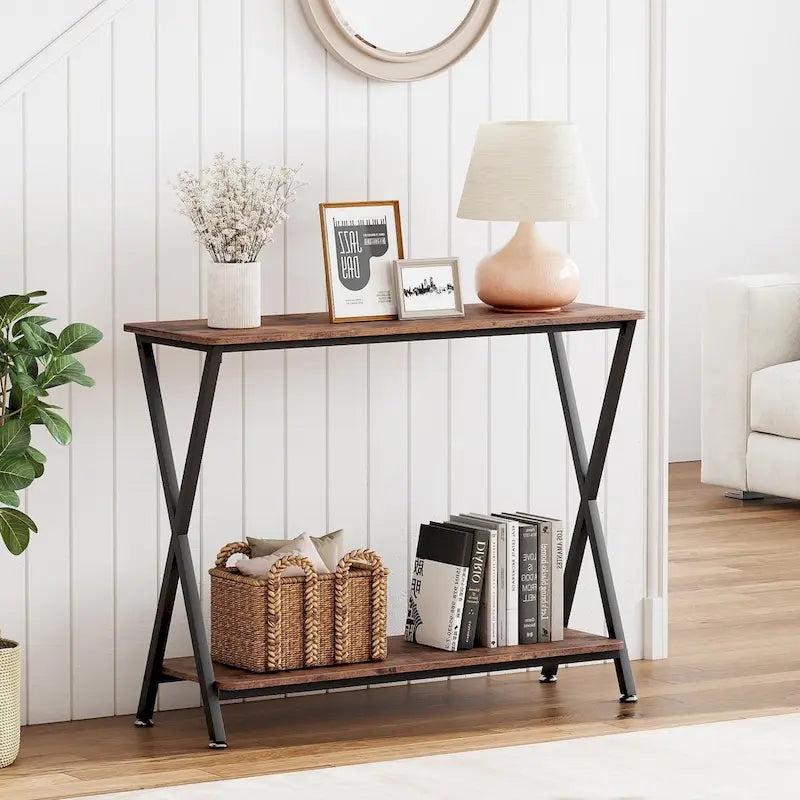 Wood-Grain Console Table with Metal Frame