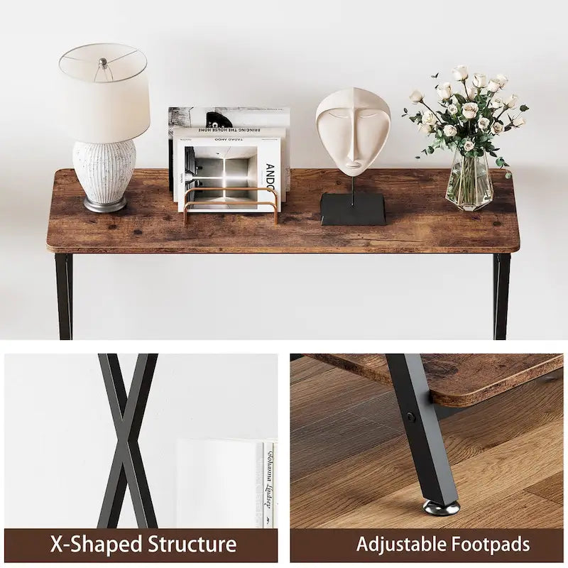 Wood-Grain Console Table with Metal Frame
