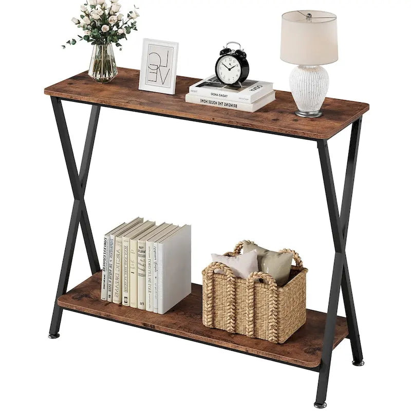 Wood-Grain Console Table with Metal Frame