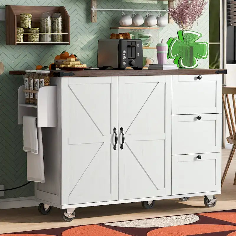Farmhouse Kitchen Island with Power Outlets, Drop Leaf and Storage