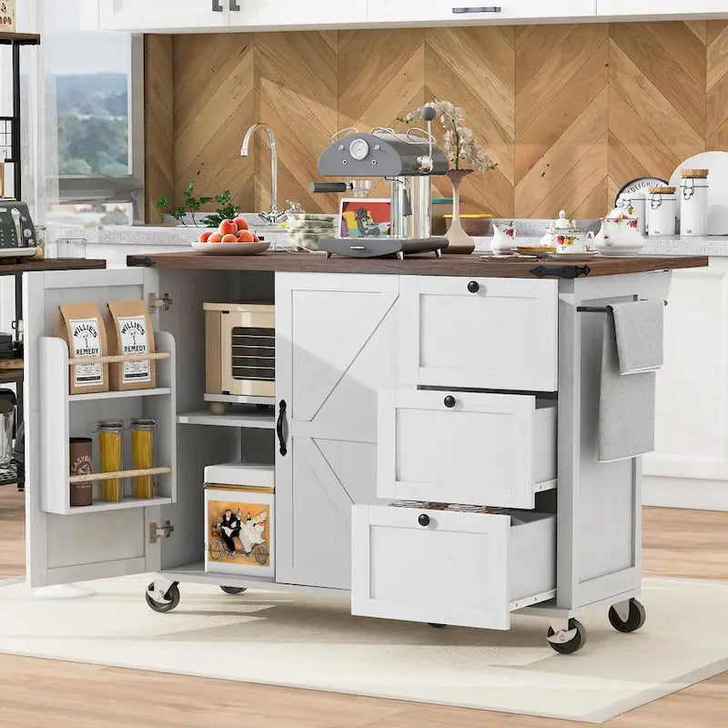 Farmhouse Kitchen Island with Power Outlets, Drop Leaf and Storage