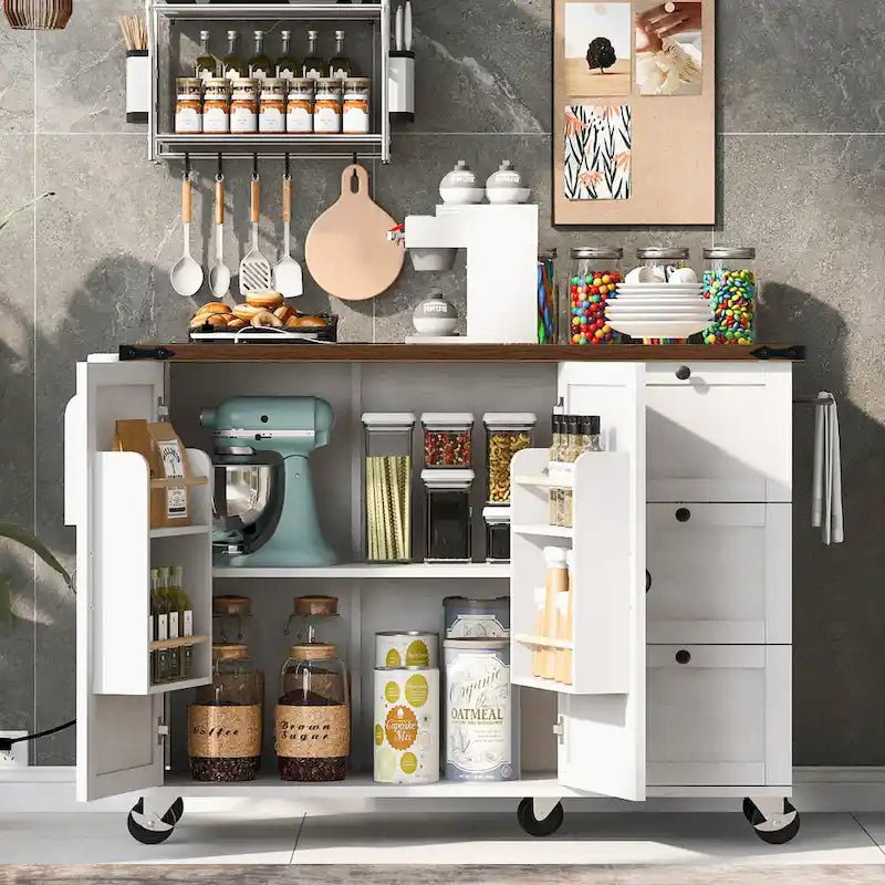 Farmhouse Kitchen Island with Power Outlets, Drop Leaf and Storage
