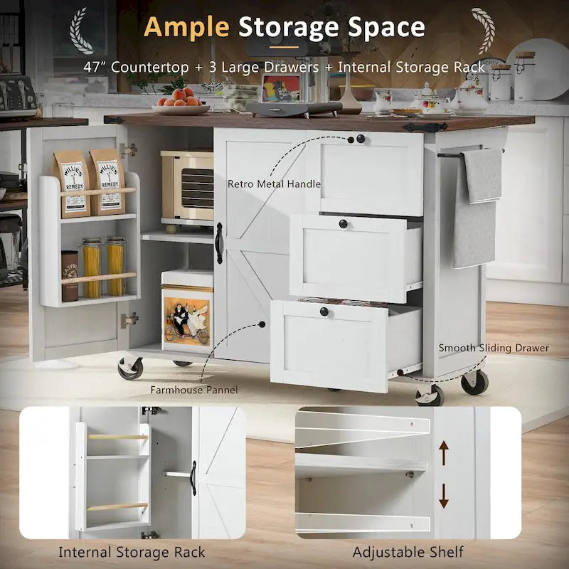 Farmhouse Kitchen Island with Power Outlets, Drop Leaf and Storage