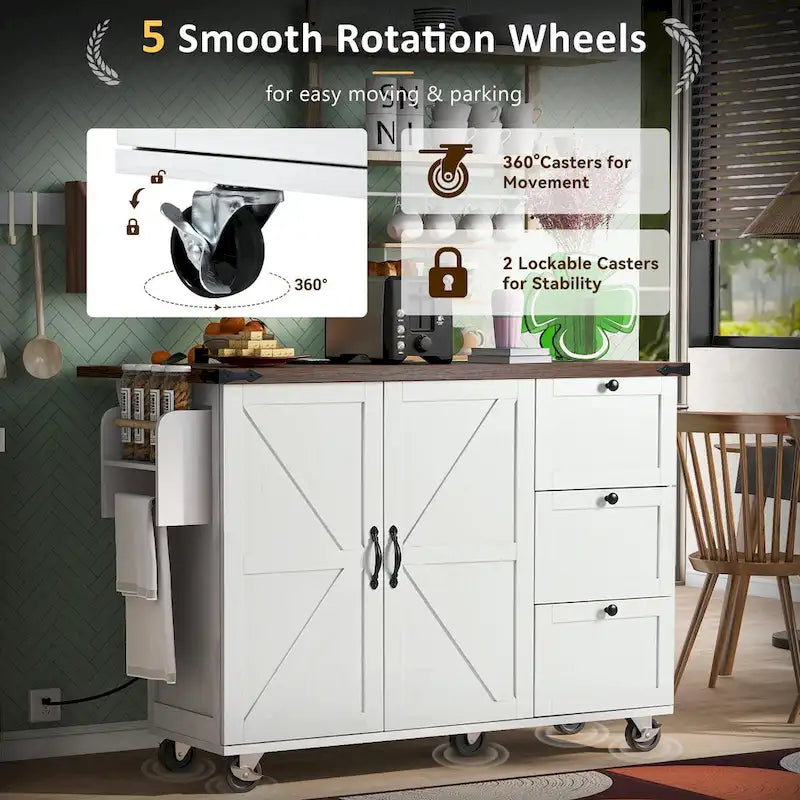 Farmhouse Kitchen Island with Power Outlets, Drop Leaf and Storage