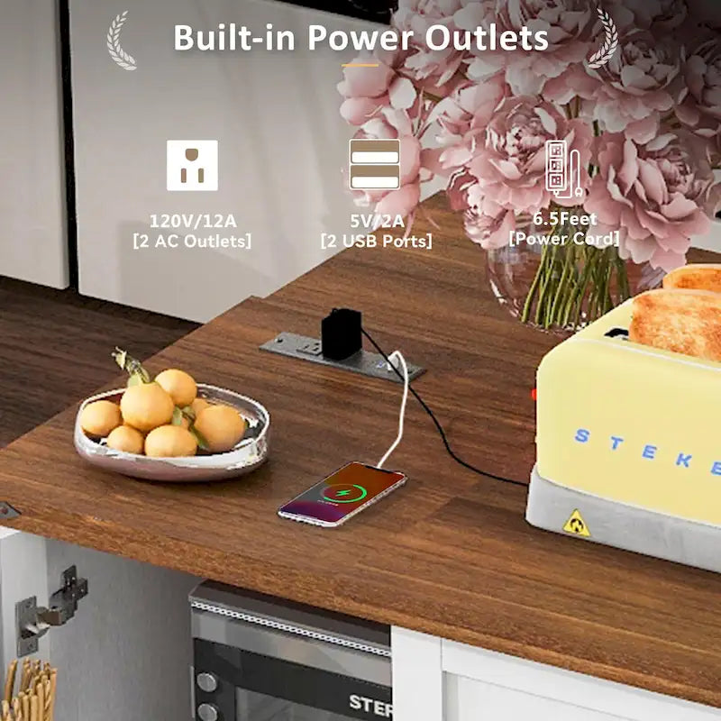 Farmhouse Kitchen Island with Power Outlets, Drop Leaf and Storage