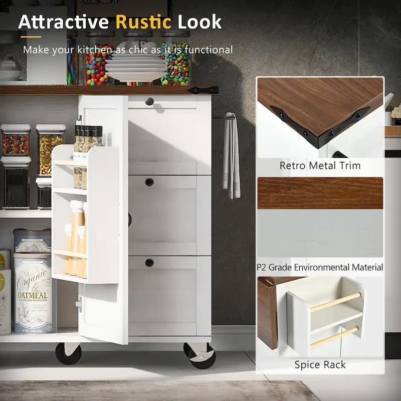 Farmhouse Kitchen Island with Power Outlets, Drop Leaf and Storage