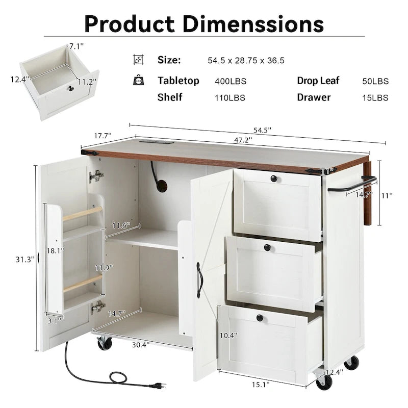 Farmhouse Kitchen Island with Power Outlets, Drop Leaf and Storage