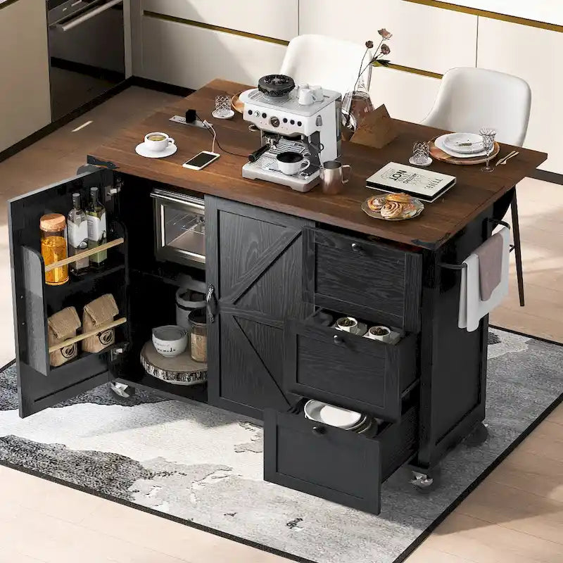 Farmhouse Kitchen Island with Power Outlets, Drop Leaf and Storage