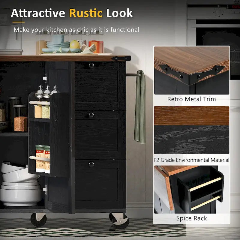 Farmhouse Kitchen Island with Power Outlets, Drop Leaf and Storage