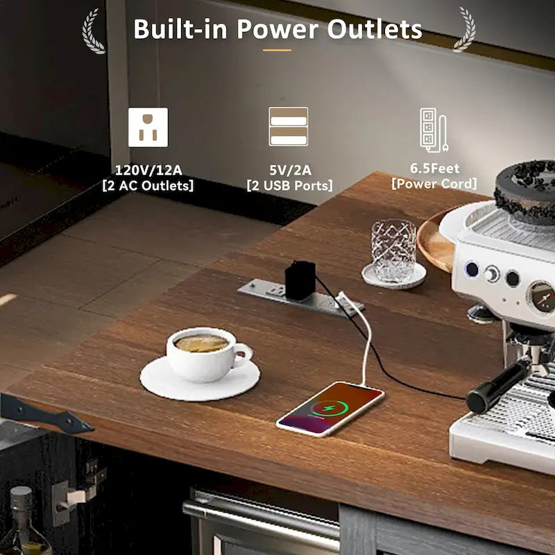 Farmhouse Kitchen Island with Power Outlets, Drop Leaf and Storage