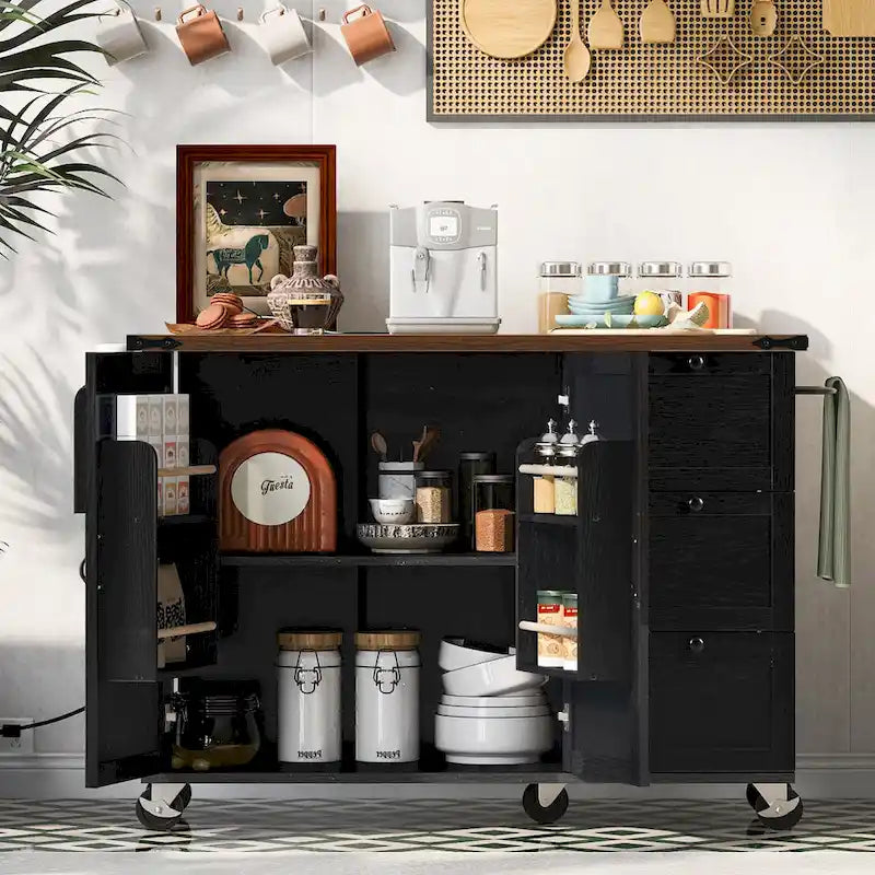 Farmhouse Kitchen Island with Power Outlets, Drop Leaf and Storage