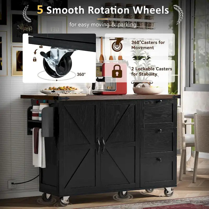 Farmhouse Kitchen Island with Power Outlets, Drop Leaf and Storage
