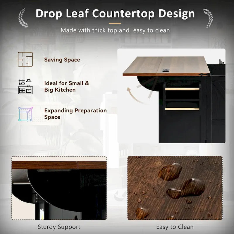 Farmhouse Kitchen Island with Power Outlets, Drop Leaf and Storage