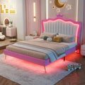 Full Upholstered Bed Frame with Crown Headboard and LED Lights, Pink and White