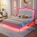 Full Upholstered Bed Frame with Crown Headboard and LED Lights, Pink and White
