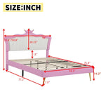 Full Upholstered Bed Frame with Crown Headboard and LED Lights, Pink and White