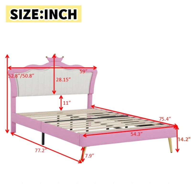 Full Upholstered Bed Frame with Crown Headboard and LED Lights, Pink and White