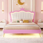Full Upholstered Bed Frame with Crown Headboard and LED Lights, Pink and White