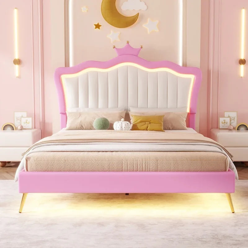 Full Upholstered Bed Frame with Crown Headboard and LED Lights, Pink and White