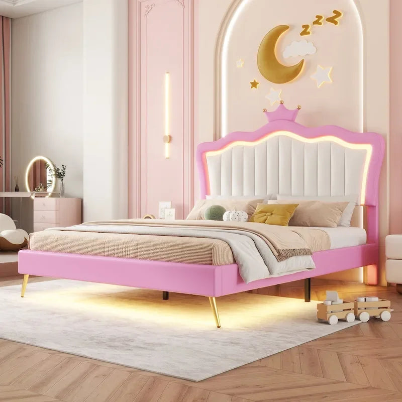 Full Upholstered Bed Frame with Crown Headboard and LED Lights, Pink and White