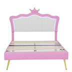 Full Upholstered Bed Frame with Crown Headboard and LED Lights, Pink and White