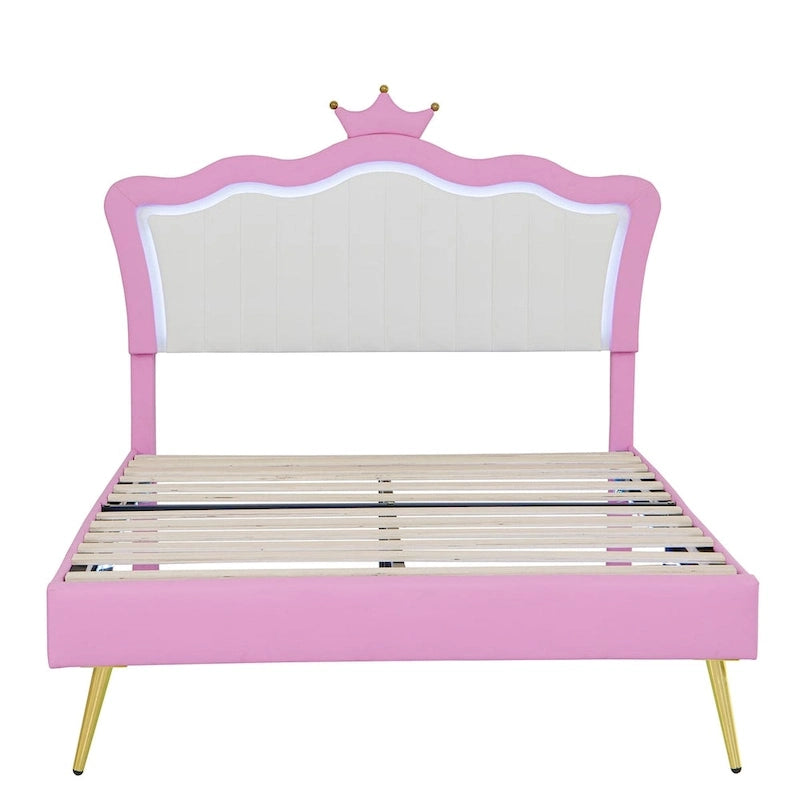 Full Upholstered Bed Frame with Crown Headboard and LED Lights, Pink and White