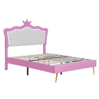Full Upholstered Bed Frame with Crown Headboard and LED Lights, Pink and White