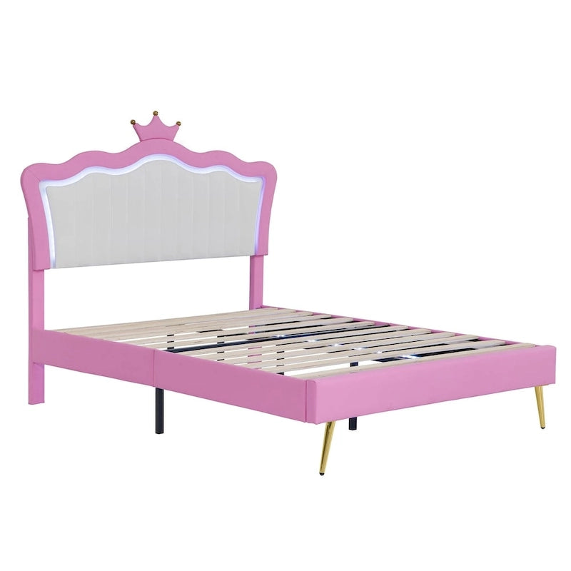 Full Upholstered Bed Frame with Crown Headboard and LED Lights, Pink and White