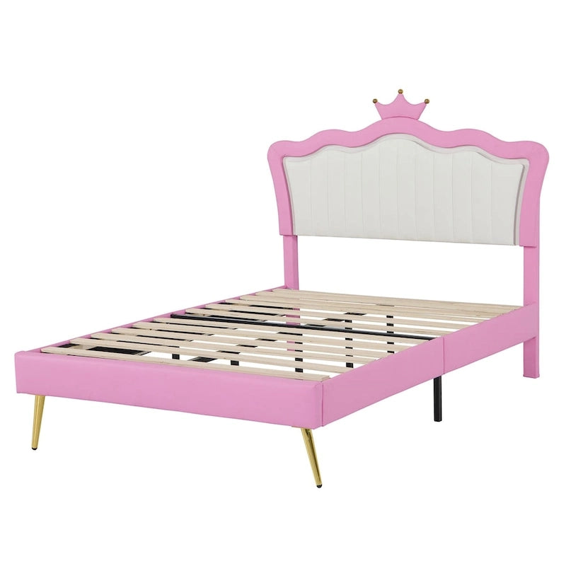 Full Upholstered Bed Frame with Crown Headboard and LED Lights, Pink and White