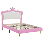 Full Upholstered Bed Frame with Crown Headboard and LED Lights, Pink and White