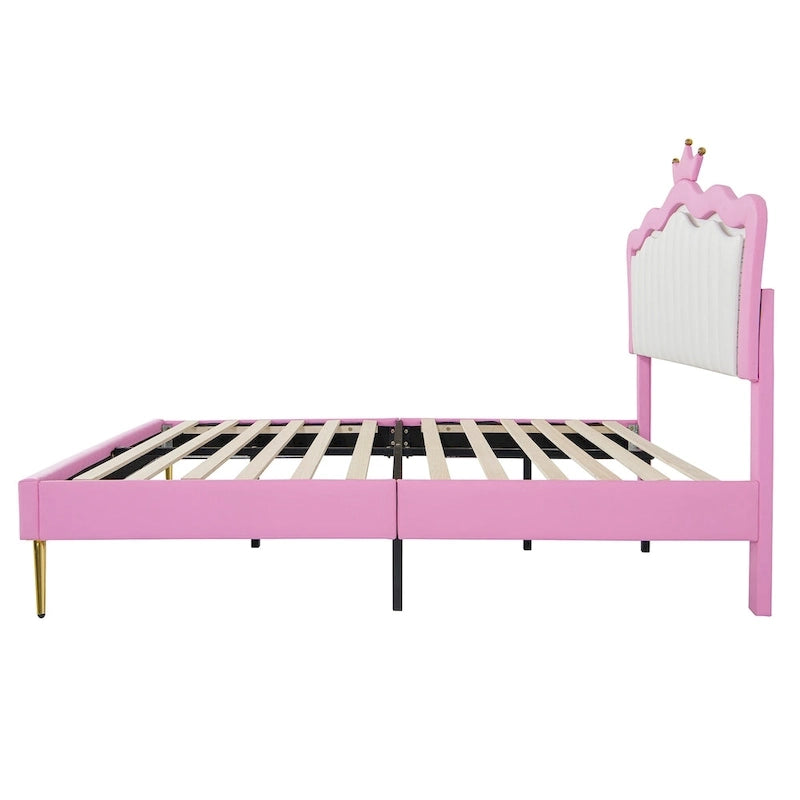 Full Upholstered Bed Frame with Crown Headboard and LED Lights, Pink and White
